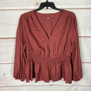 Old Navy Top Womens 4X Brown Smock Waist Blouse V-Neck Long Sleeve Eyelet Trim